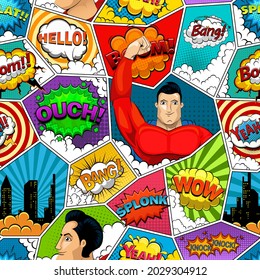 Comic book page divided by lines seamless pattern with speech bubbles, superhero and sounds effect. Vector illustration