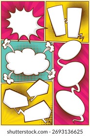 Comic-Buchseite geteilt durch Linien mit Sprechblasen und Soundeffekt. Retro-Hintergrundmock. Comics-Vorlage. Vektorgrafik