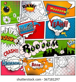 Comic book page divided by lines with speech bubbles, sounds effect. Retro background Mock-up. Comics template. Vector illustration