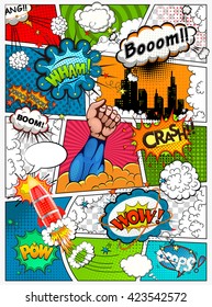 Comic book page divided by lines with speech bubbles, rocket, superhero and sounds effect. Retro background mock-up. Comics template. Vector illustration
