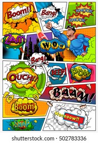 Comic book page divided by lines with speech bubbles, rocket, superhero and sounds effect. Retro background mock-up. Comics template. Vector illustration