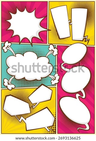 Comic book page divided by lines with speech bubbles and sounds effect. Retro background mock-up. Comics template. Vector illustration