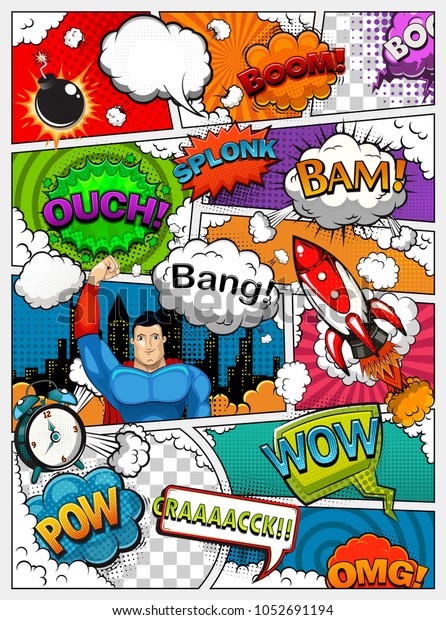 Comic book page\
divided by lines with speech bubbles, rocket, superhero and sounds\
effect. Vector\
illustration
