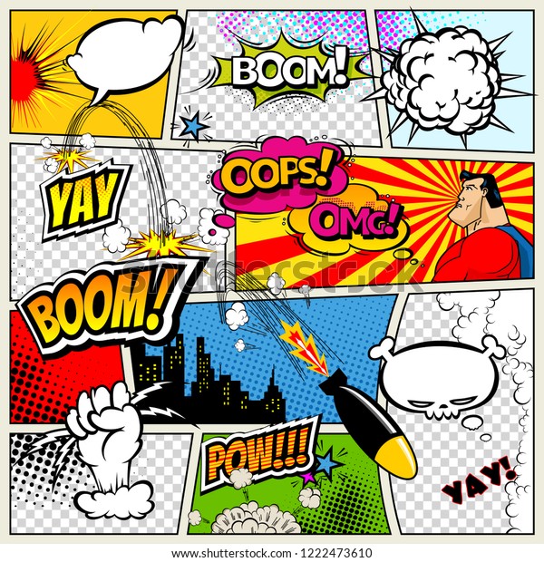 Comic book page divided by lines\
with speech bubbles, rocket, superhero and sounds effect. Retro\
background mock-up. Comics template. Vector\
illustration.