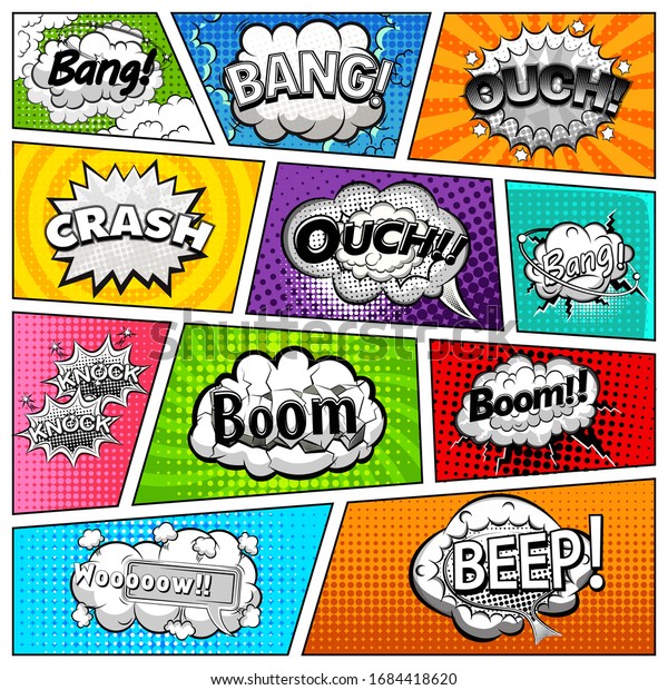 Comic book page divided by lines with black\
and white speech bubbles, sounds effect. Retro background Mock-up.\
Comics template. Vector\
illustration
