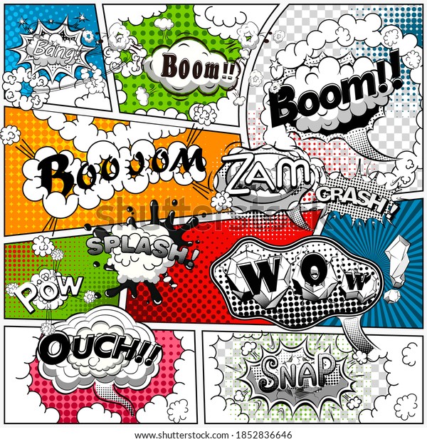Comic book page divided by lines with black
and white speech bubbles, sounds effect. Retro background Mock-up.
Comics template. Vector
illustration