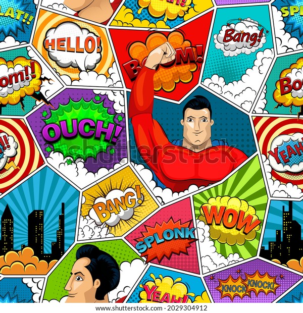 Comic\
book page divided by lines seamless pattern with speech bubbles,\
superhero and sounds effect. Vector\
illustration