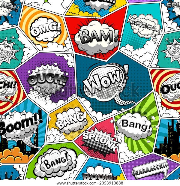 Comic book page divided by lines\
seamless pattern with speech bubbles. Vector\
illustration\
