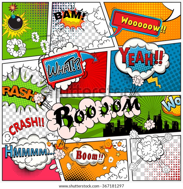 Comic book page divided by lines with speech\
bubbles, sounds effect. Retro background Mock-up. Comics template.\
Vector illustration