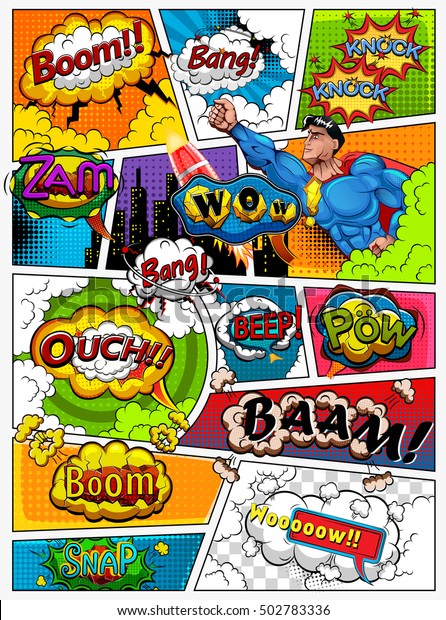 Comic book page divided by lines with\
speech bubbles, rocket, superhero and sounds effect. Retro\
background mock-up. Comics template. Vector\
illustration