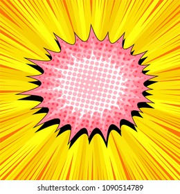 Comic book page dynamic template with colorful pink speech bubble, rays, halftone and radial effects on yellow background. Vector illustration