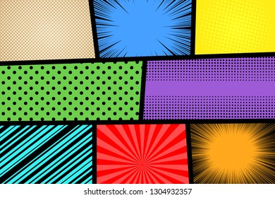 Comic book page elegant composition with stripes radial rays halftone humor effects in black and other colors. Vector illustration