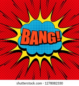 Comic book page explosive bright concept with Bang inscription yellow and blue speech bubbles dotted sound effects on red background. Vector illustration