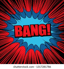 Comic book page explosive concept with Bang wording blue speech bubbles halftone and black rays effects. Vector illustration