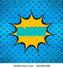 Comic book page explosive concept with Bang wording and yellow speech bubble on blue dotted halftone and rays background. Vector illustration