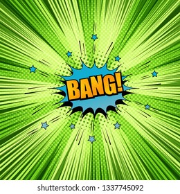 Comic book page explosive green concept with Bang wording blue speech bubble stars dotted radial halftone and rays effects. Vector illustration