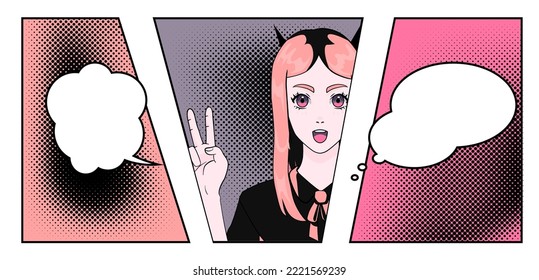 Comic book page with funny anime girl. Illustration for modern poster, cover or t-shirt print.