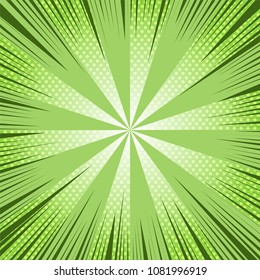 Comic book page green template with rays and dotted humor effects on radial background. Vector illustration