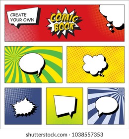 comic book page grid template with halftone dots, radial and spiral lines background and various speech bubbles