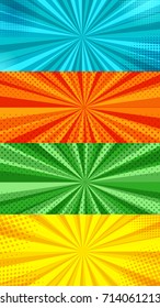 Comic book page horizontal banners with radial and halftone effects in orange, yellow, green and turquoise colors. Vector illustration