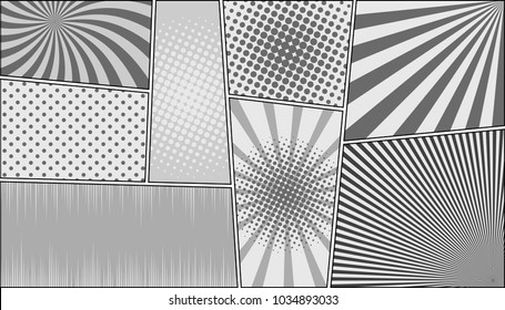 Comic book page horizontal monochrome background with radial dotted sound waves halftone humor effects in gray colors. Pop-art style. Vector illustration