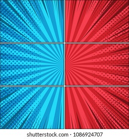 Comic book page horizontal template with radial rays and halftone humor effects in red and blue colors. Vector illustration