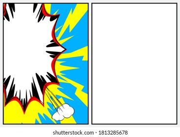 Ilustración de la página del libro de historietas con elementos gráficos de historietas de media página. Fondo de diseño de dibujos animados. Fondo de historietas vectoriales.