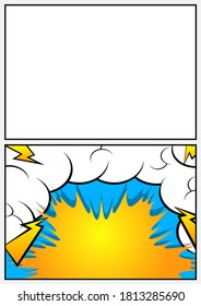 Ilustración de la página del libro de historietas con elementos gráficos de historietas de media página. Fondo de diseño de dibujos animados. Fondo de historietas vectoriales.