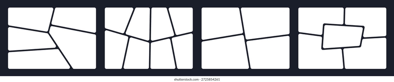 Layout de página de quadrinhos com painéis de mangá clássicos e balões em branco. Conjunto de quadros retangulares de storyboard para cenas de ação, arte japonesa e apresentações de portfólio criativo.