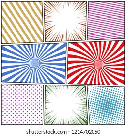 Comic book page light background with colorful stripes radial halftone rays dotted humor effects and white frames. Vector illustration