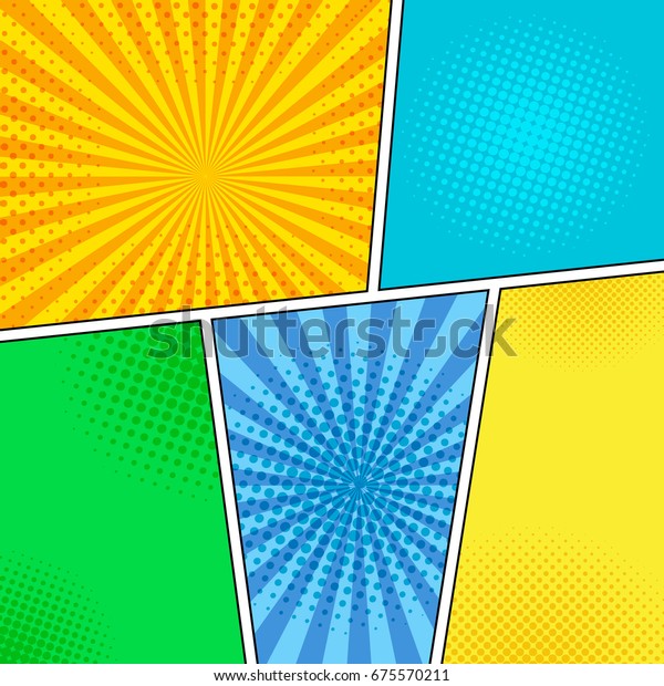 Comic\
book page light composition with radial and halftone effects in\
bright colors. Pop art style. Vector\
illustration