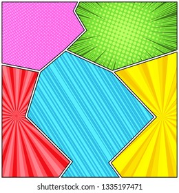 Comic book page light concept with halftone radial dotted striped rays humor effects in different bright colors. Vector illustration