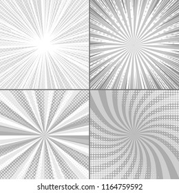 Comic book page light gray template with four scenes radial dotted rays explosive and halftone humor effects in monochrome style. Vector illustration