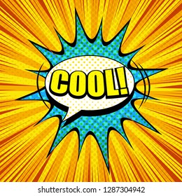 Comic book page light template with Cool inscription colorful speech bubbles dotted sound radial rays effects. Vector illustration