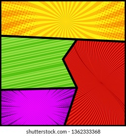 Comic book page light template with different slanted lines halftone radial rays humor effects. Vector illustration