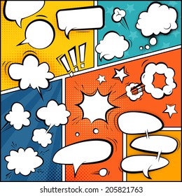 Comic Book Page Mock-Up. Set of Speech Bubbles and Halftone Backgrounds.