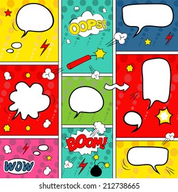 Comic Book Page Mock-Up. Set of speech bubble and halftone backgrounds. cartoon