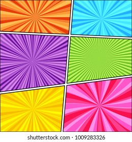 Comic book page mockup template with radial humor bright effects in different colors in pop-art style. Vector illustration