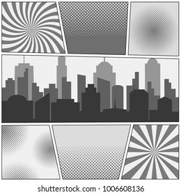 Comic book page monochrome background with cityscape, radial, dotted and halftone effects in gray colors. Pop-art style. Vector illustration