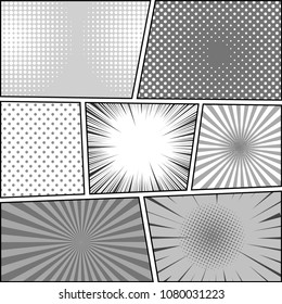 Comic book page monochrome background with radial dotted halftone and rays humor effects in gray colors. Vector illustration
