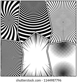 Comic book page monochrome background with radial dotted circles rays halftone humor effects and zigzag dividing lines in black and white colors. Vector illustration