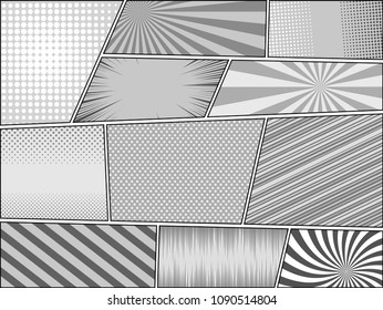Comic book page monochrome backgrounds with radial dotted slanted lines and rays effects in gray colors. Vector illustration