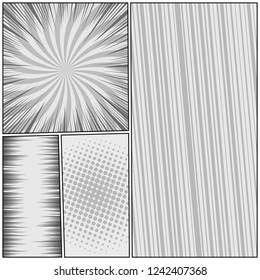 Comic book page monochrome composition with radial dotted rays slanted lines and halftone humor effects. Vector illustration