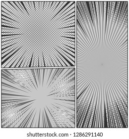 Comic book page monochrome composition with rays radial and halftone humor effects in gray colors. Vector illustration