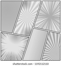 Comic book page monochrome concept with rays radial halftone dots humor effects in gray colors. Vector illustration