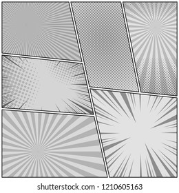 Comic book page monochrome concept with rays halftone radial humor effects in gray colors. Vector illustration