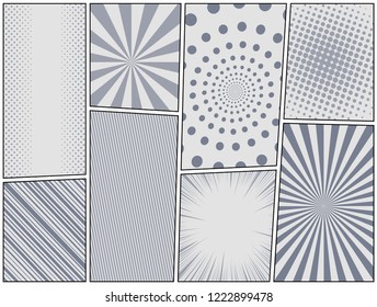 Comic book page monochrome concept with radial dotted spiral striped and halftone humor effects. Vector illustration
