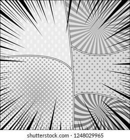 Comic book page monochrome concept with radial dotted halftone and rays humor effects. Vector illustration