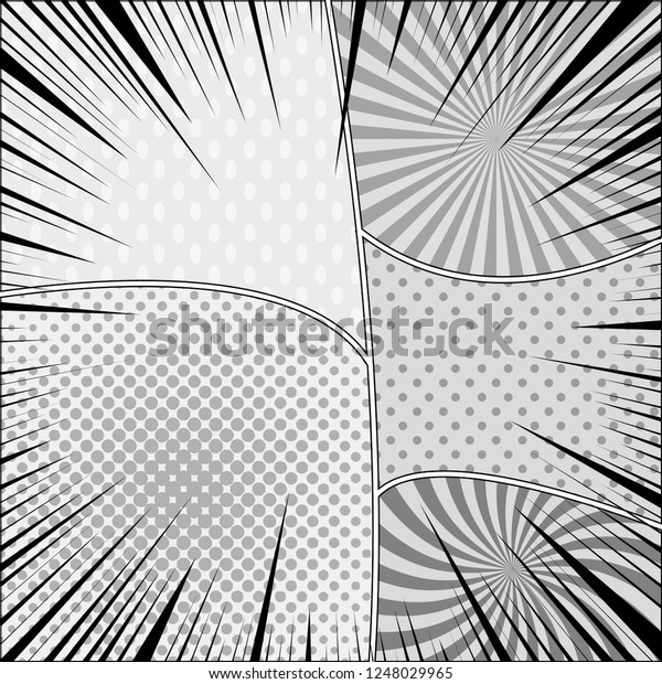 Comic book page\
monochrome concept with radial dotted halftone and rays humor\
effects. Vector\
illustration