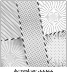 Comic book page monochrome design template with radial rays slanted lines spiral lightnings halftone humor effects. Vector illustration